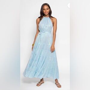NWT Sundress Sophie Shiny Blue Metallic Halter Maxi Resort DRESS in AZURIN Blue